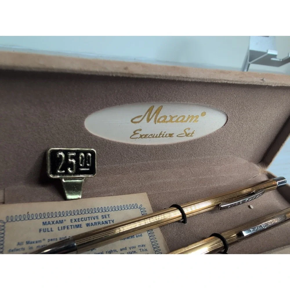 Vintage Maxam Gold Tone Executive Pen Pencil Set W Velvet Box
